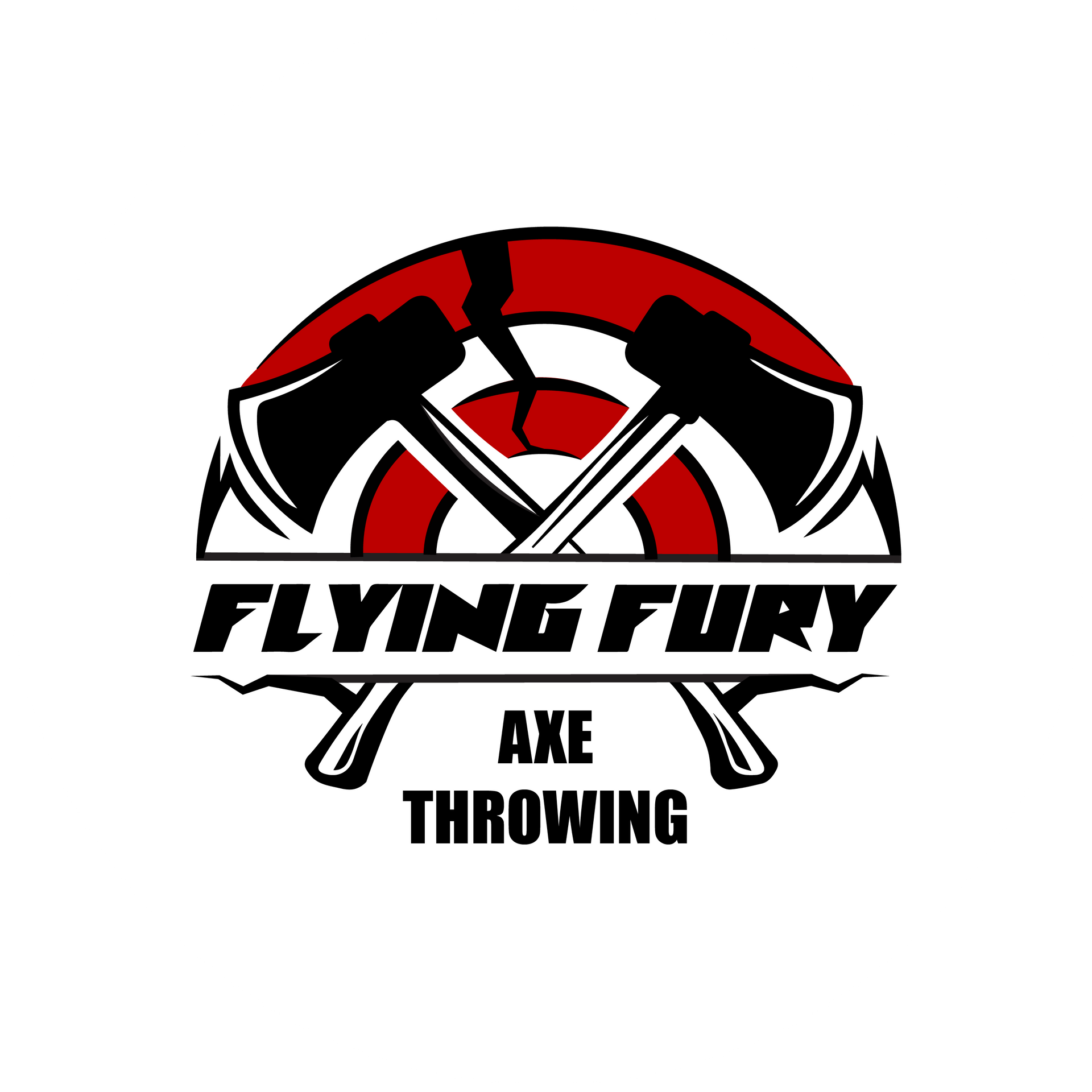 Logo for Flying Fury Axe Throwing. Features crossed axes over a red target, with the words