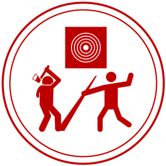 Red icon: Two figures fighting with a target above. One swings an axe, the other uses a long staff.