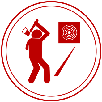 Red icon of a person throwing an axe at a target, with an axe and fallen axe.