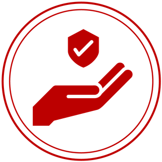 Red hand cupping a red shield with a check mark, inside a red circle.