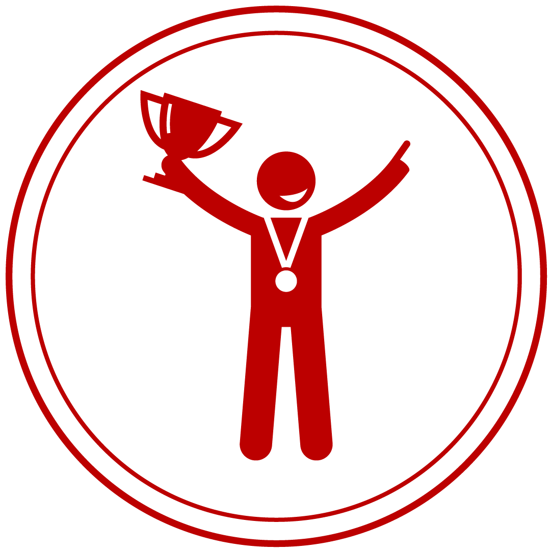 Red stick figure celebrating with a trophy and medal inside a red circle.