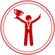 Red stick figure celebrating with a trophy and medal inside a red circle.