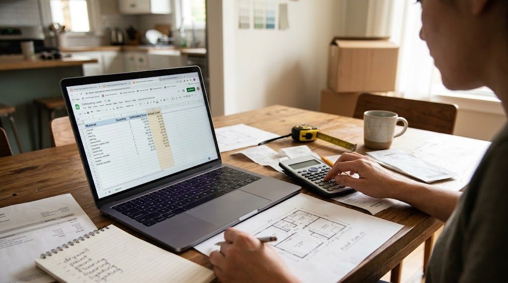 Estimating remodeling costs with calculator and laptop
