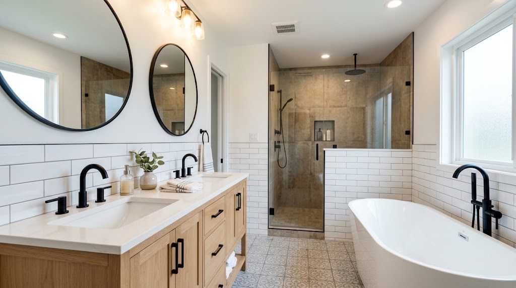 Newly remodeled bathroom with modern tiles and fixtures