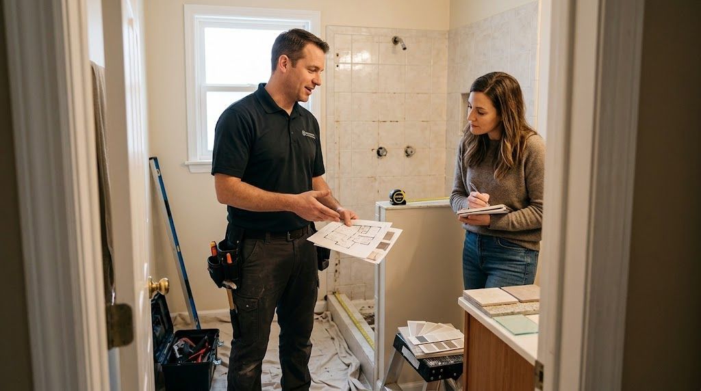 Contractor discussing shower remodel plans with homeowner