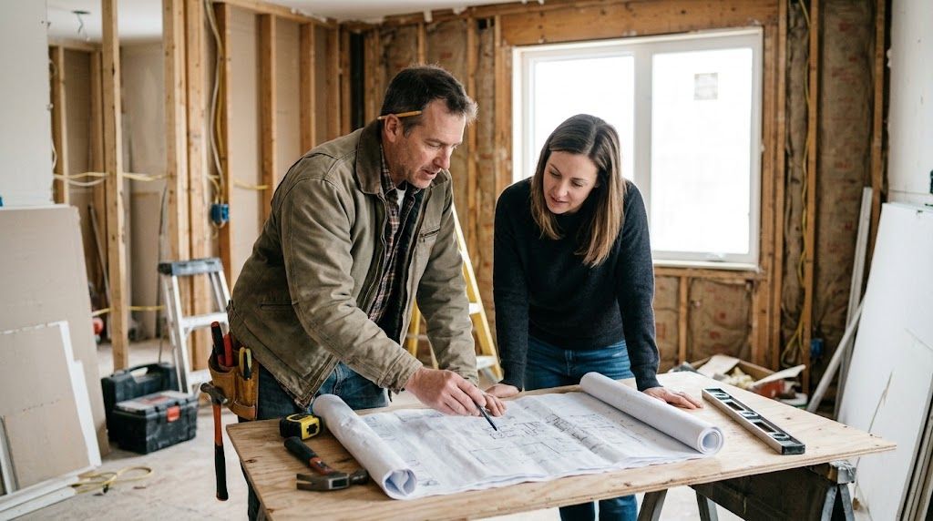 Professional contractor and homeowner reviewing blueprints