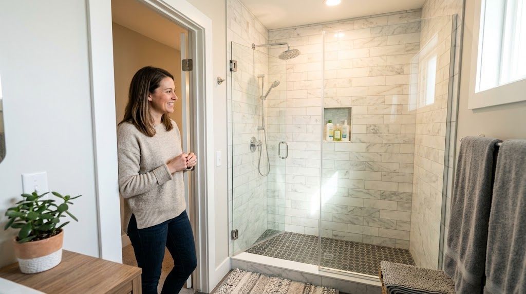 Homeowner admiring newly remodeled shower