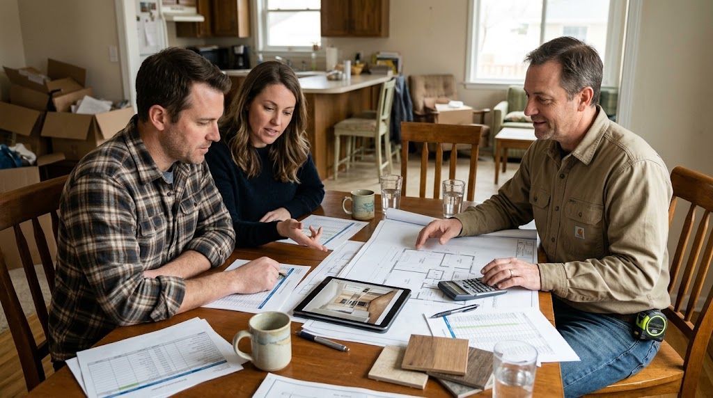 Homeowners and contractor discussing remodeling budget