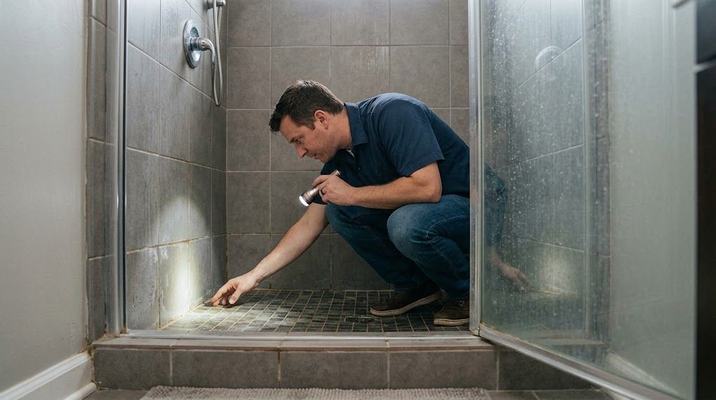 Person inspecting grout and tiles in a shower