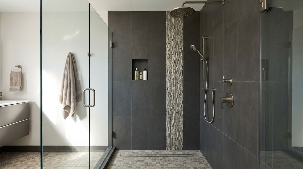 Modern remodeled shower with sleek tiles and fixtures