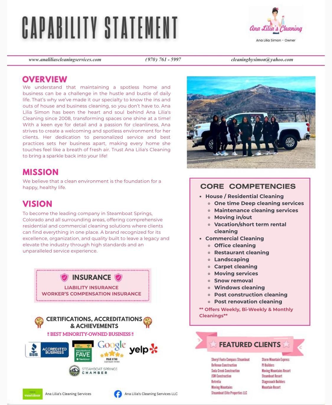 Capability statement for cleaning services company with overview, mission, vision, core competencies, and featured clients.