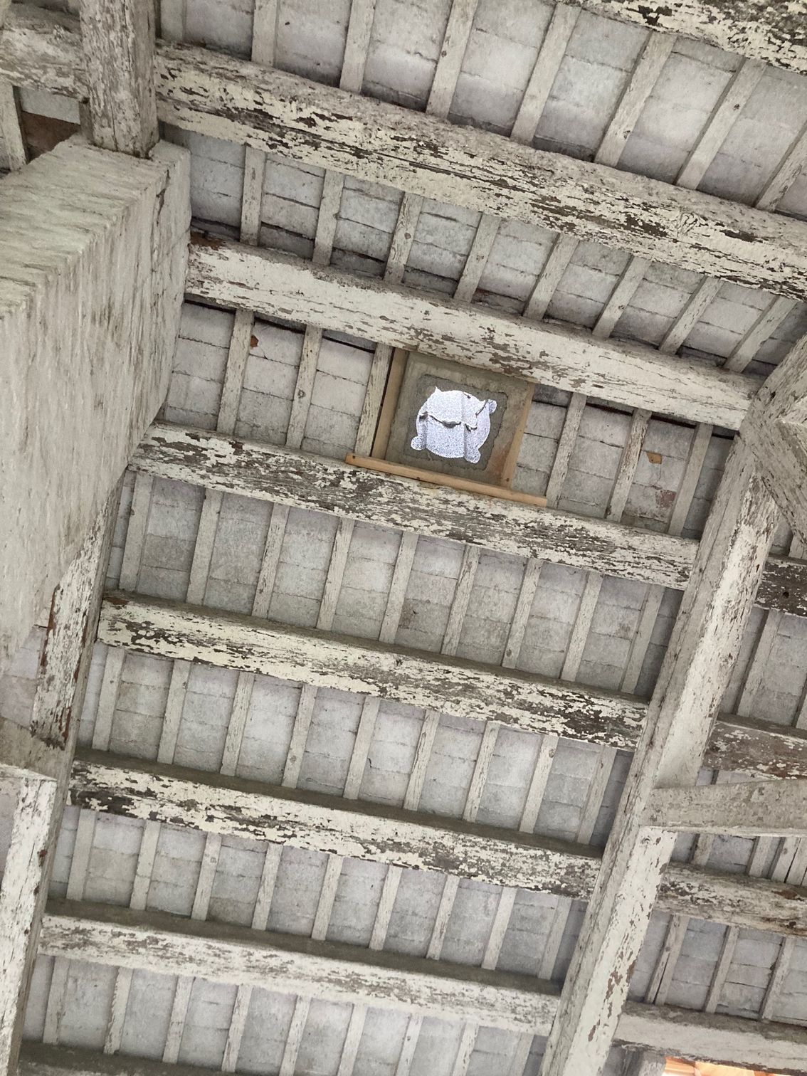 Un orologio è appeso al soffitto di un edificio.
