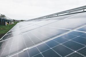 Solar panels installed on a sloped field, reflecting light under an overcast sky.