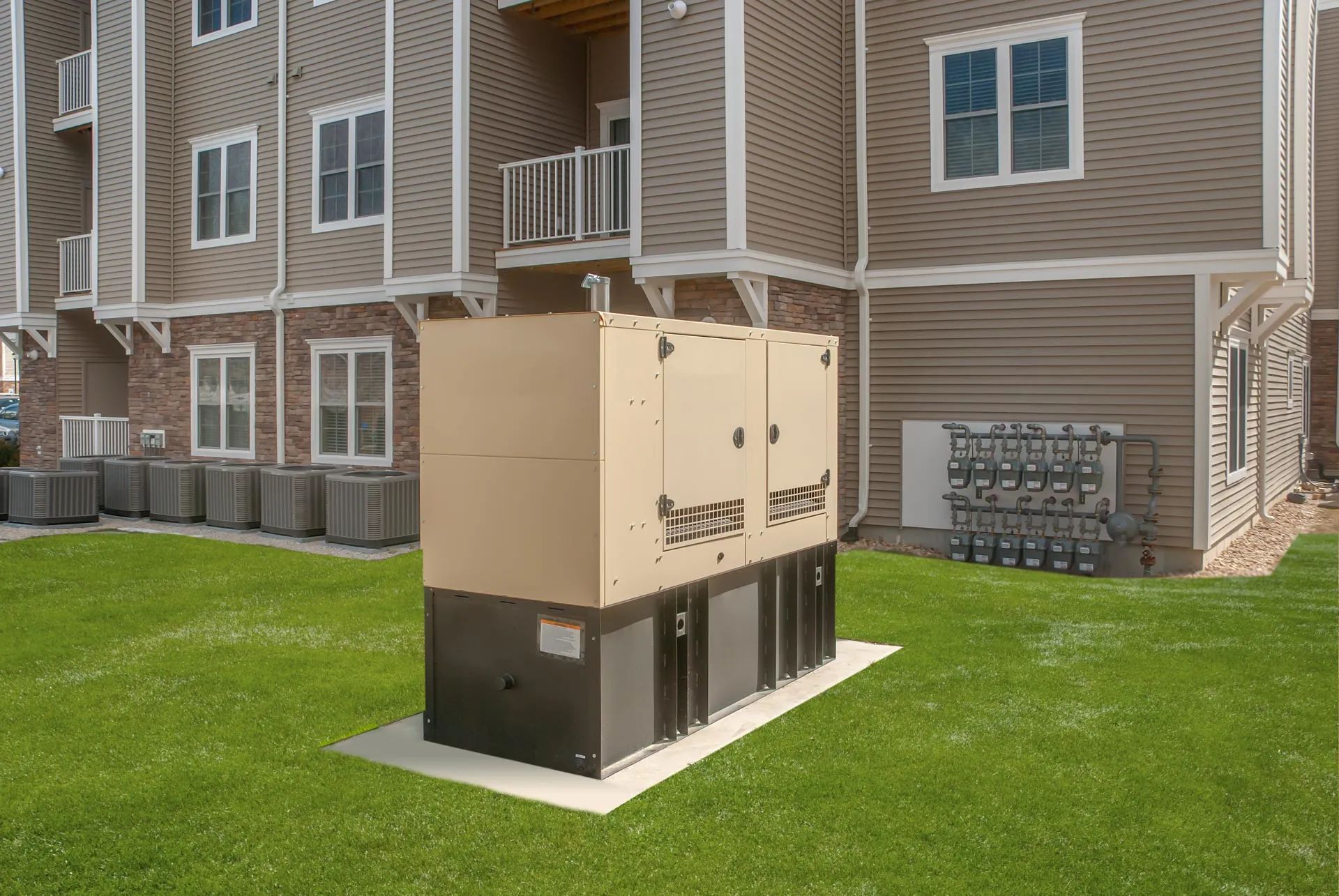Large beige utility box on a concrete pad beside an apartment building on a grassy lawn
