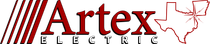 Artex Electric logo in red and black with a Texas outline