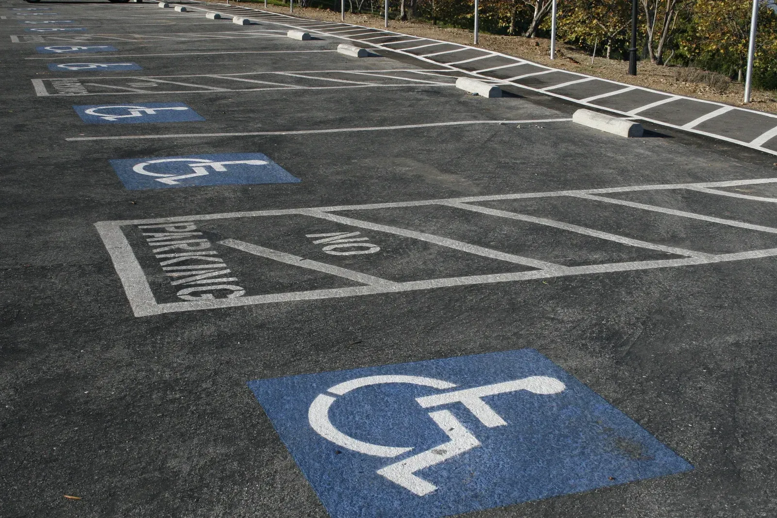 Accessible parking spaces marked on asphalt with blue wheelchair symbols and white painted lines.