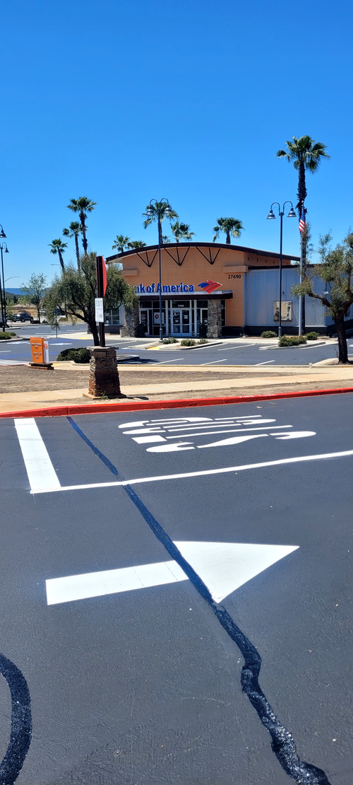 Street with crosswalk and palm trees in front of a small building under a clear blue sky
