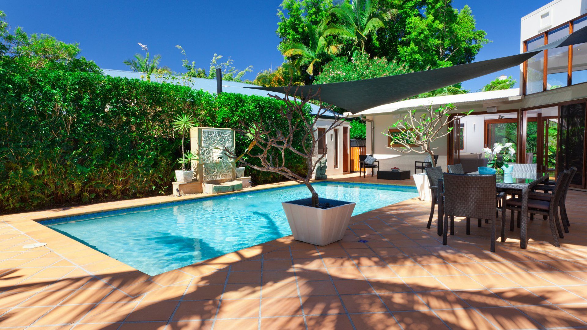 A small backyard pool with a terracotta coloured stamped concrete design. The pool is lined with a cedar hedge. The backyard also features a seating area and a shaded area.
