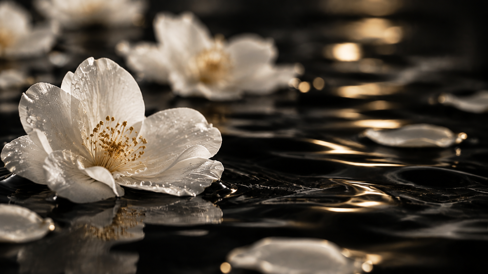 A white flower with a yellow center on a black background