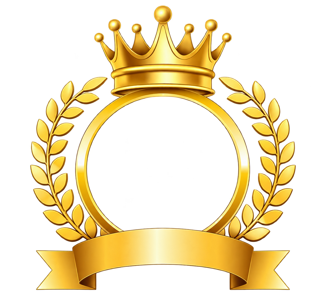 A gold laurel wreath on a white background.