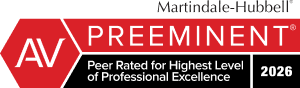 Martindale-Hubbell AV Preeminent 2026 badge, red and white, “Peer Rated for Highest Level of Professional Excellence”