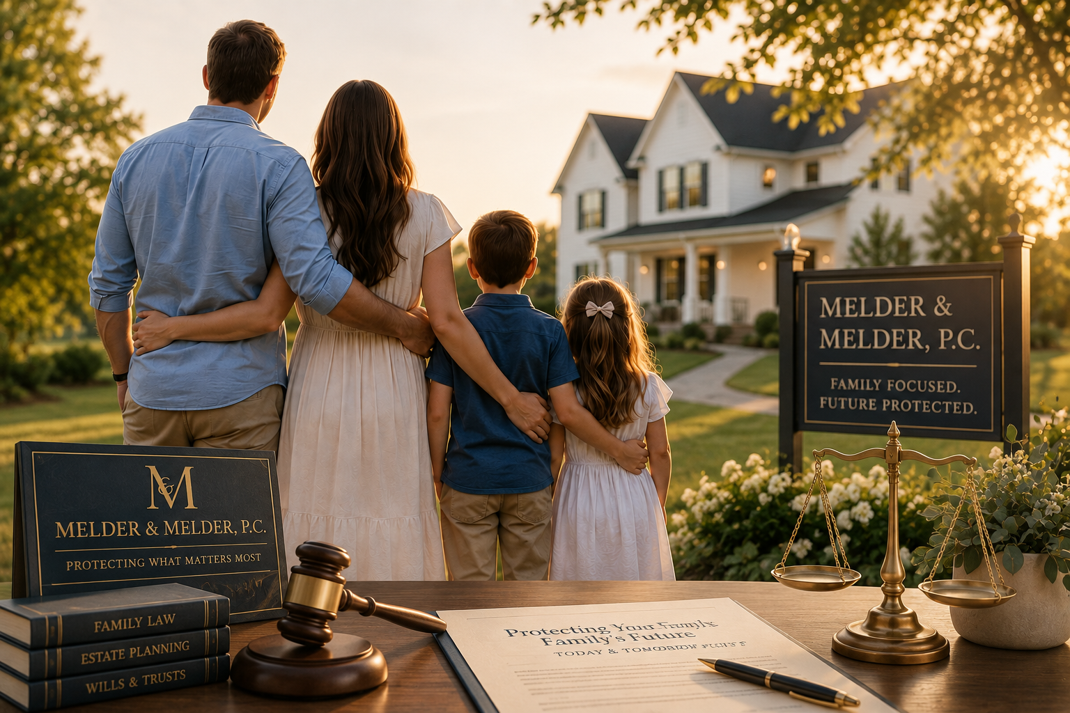 Family stands on a porch looking at a house for sale with real estate signs in front.