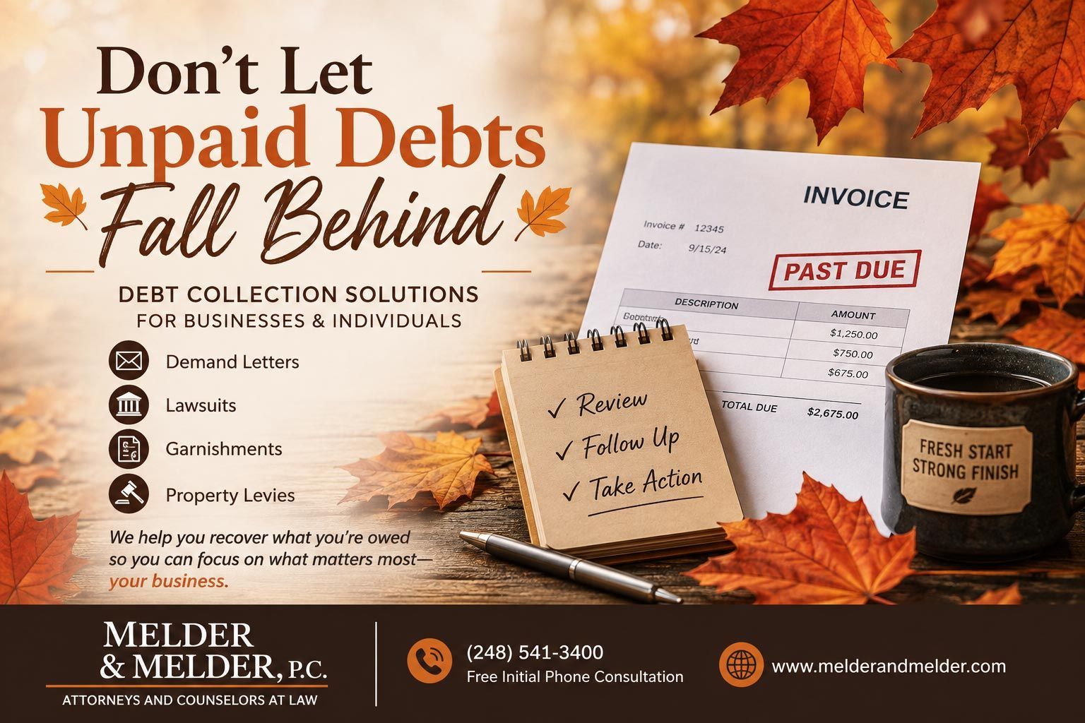 Fall-themed debt collection ad with invoice, cash jar, and “Don’t Let Unpaid Debts Fall Behind” text