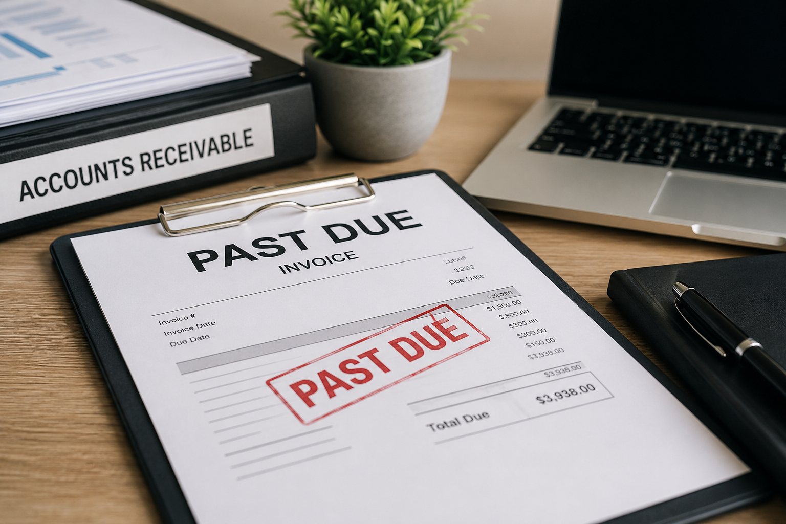 Past-due invoice on desk beside accounts receivable folder, laptop, and pen
