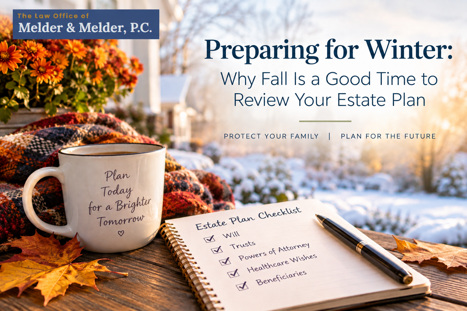 Autumn estate planning ad with mug, notebook, pen, and leaves beside a frosty window with a snowy view Autumn estate planning ad with mug, notebook, pen, and leaves beside a frosty window with a snowy view