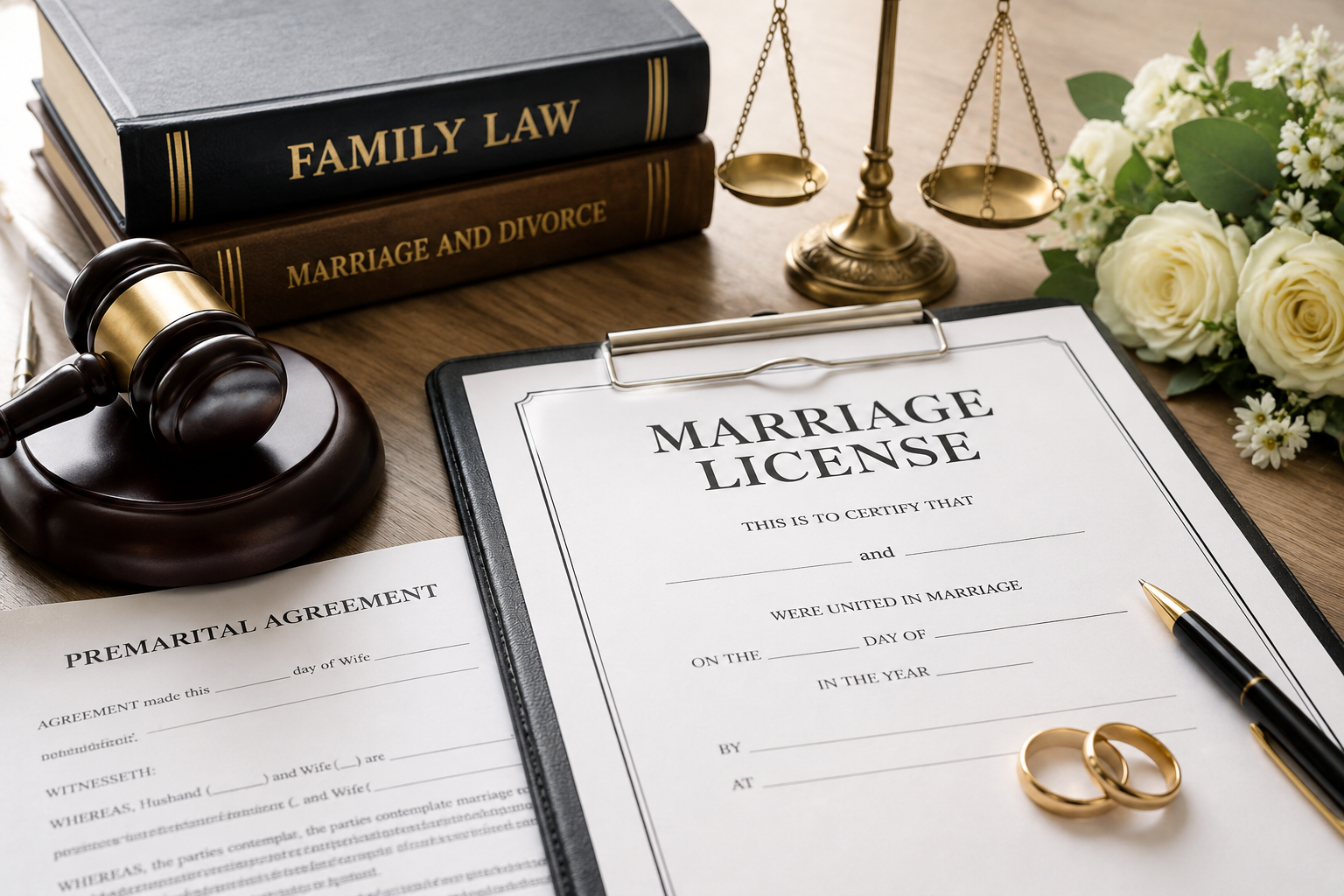 Marriage license documents with wedding rings, gavel, scales, and flowers on a desk, legal family la