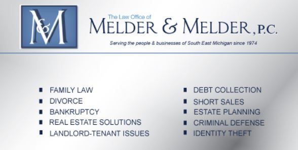 Melder & Melder law firm banner with blue logo and practice areas listed on white background