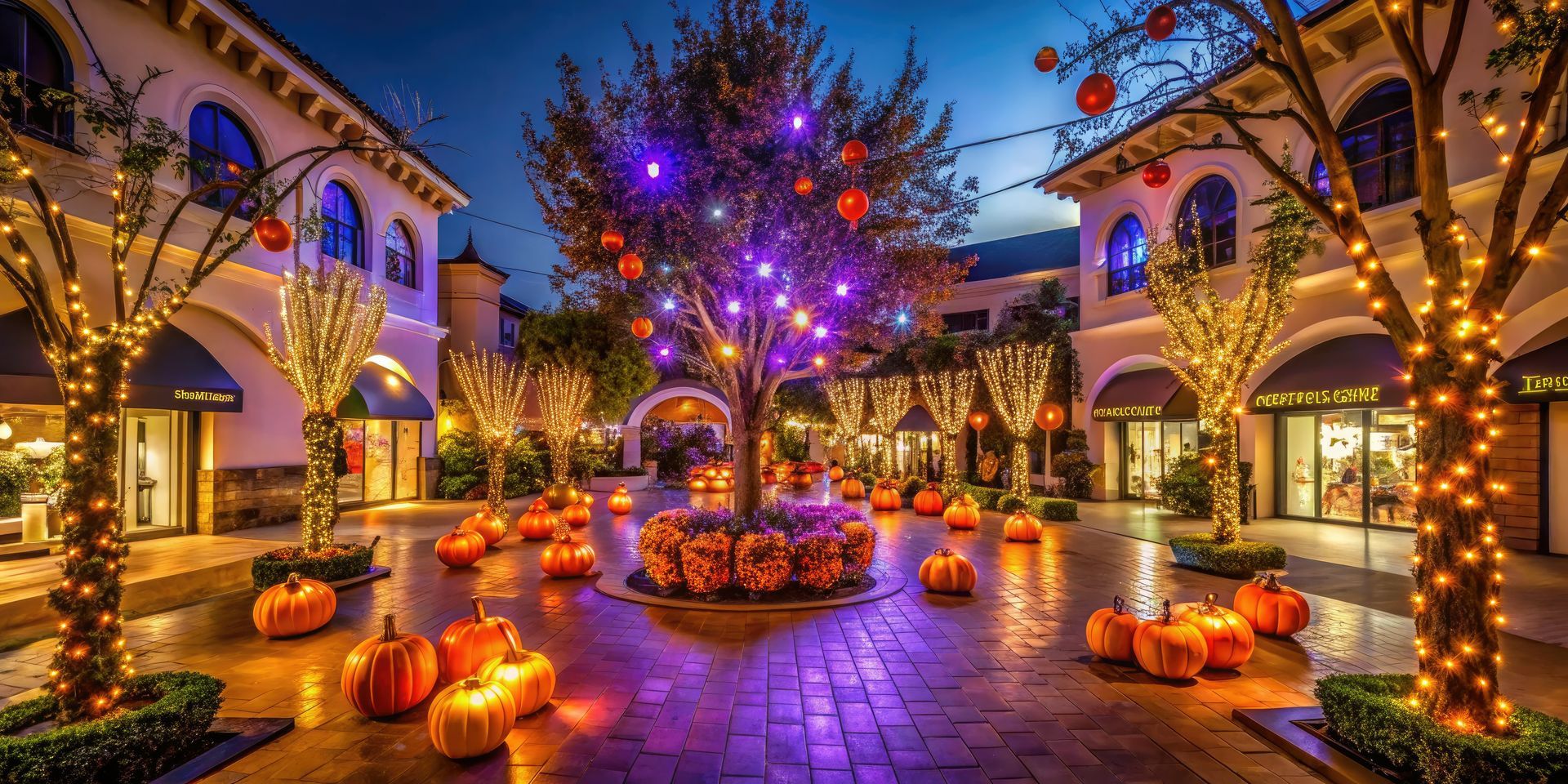 A courtyard filled with pumpkins and trees decorated for halloween.
