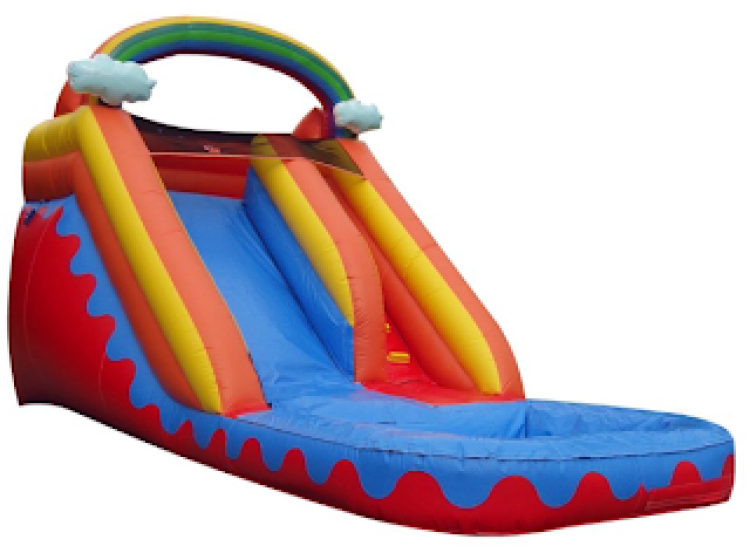An inflatable water slide with a rainbow and clouds on it