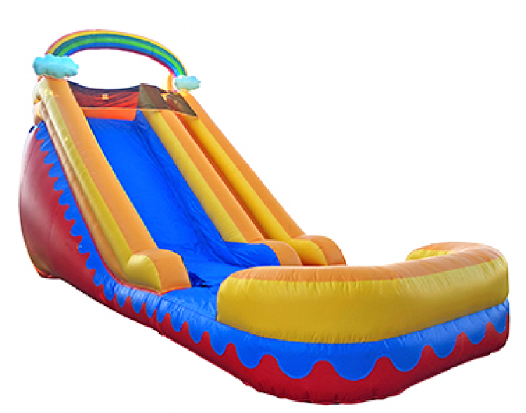 A colorful inflatable water slide with a rainbow on top
