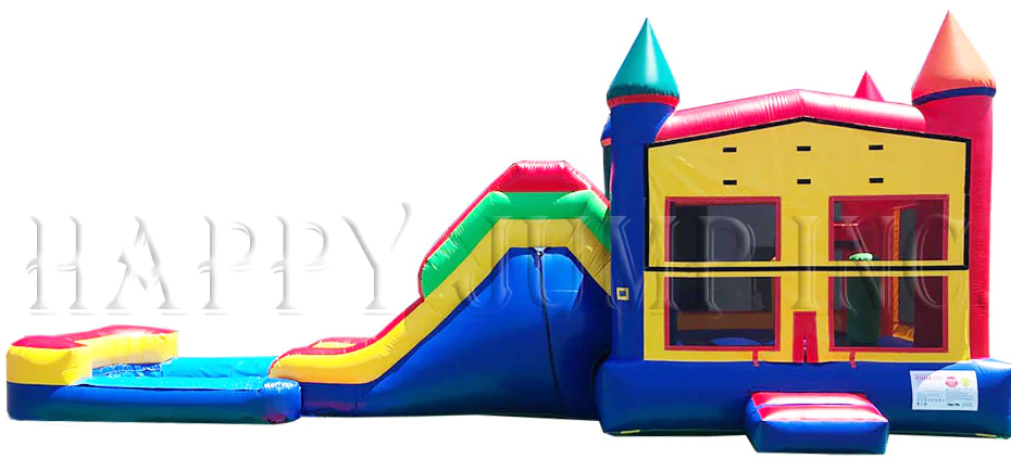 A colorful bouncy house with a water slide attached to it.