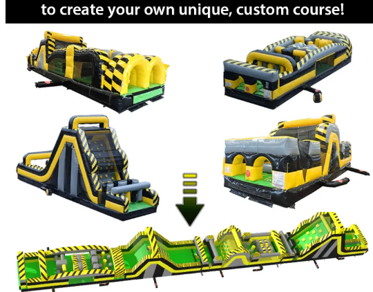 Yellow-and-black inflatable obstacle course shown in modular pieces forming a custom course arrangement