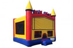 A red , yellow and blue bouncy castle on a white background.