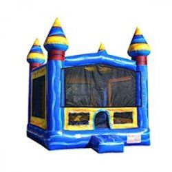 A blue and yellow bouncy castle on a white background.