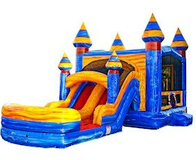 A blue and yellow bouncy castle with a water slide attached to it.