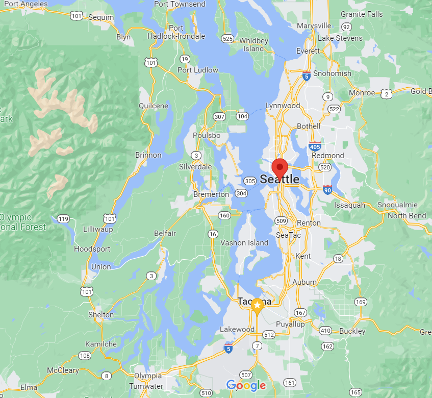 A map of seattle , washington with a red circle in the middle.