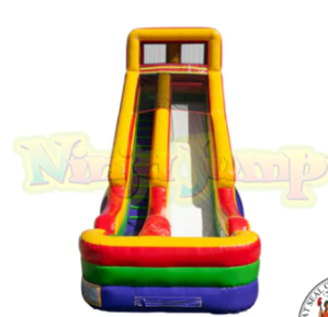 A 24' rainbow colored inflatable water slide is sitting on a white surface.