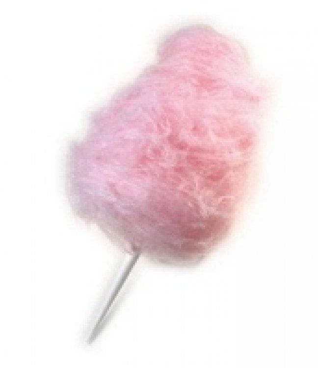 A pink cotton candy on a stick on a white background.