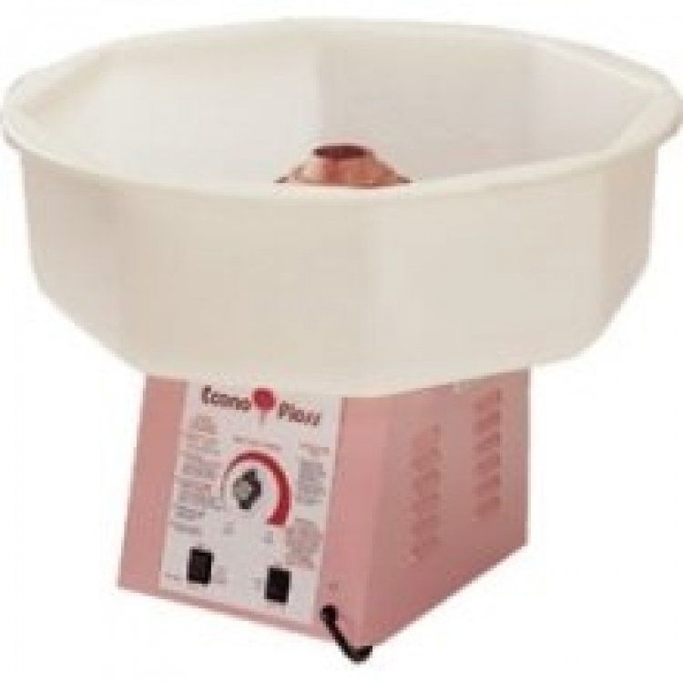 A pink cotton candy machine with a white bowl