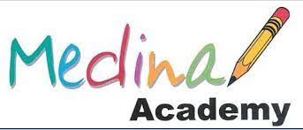 A colorful logo for medina academy with a pencil in the middle.