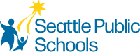 The logo for seattle public schools shows a man and a child reaching for a star.