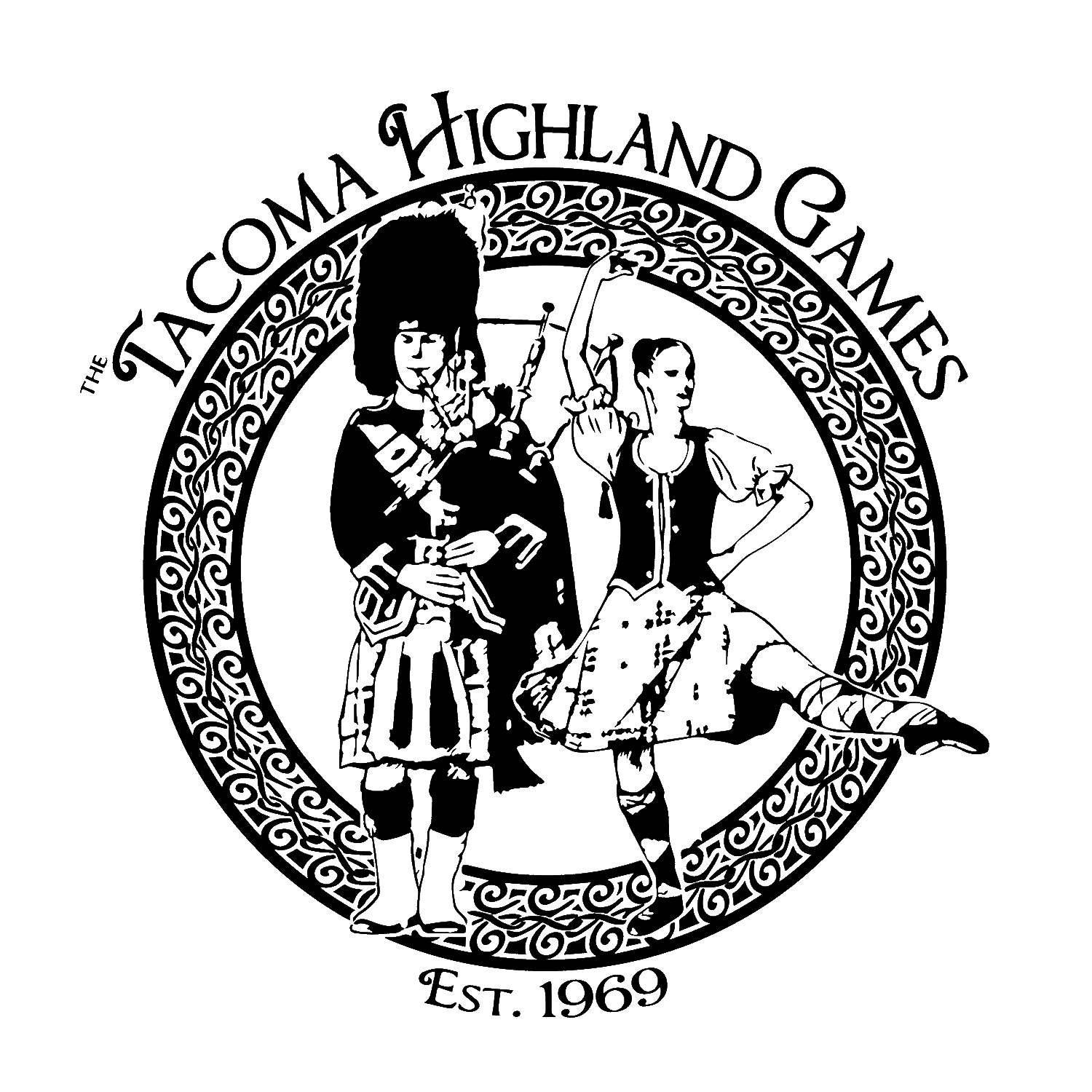 A black and white logo for the tacoma highland games