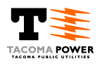 The logo for tacoma power is a black and orange logo with lightning bolts.