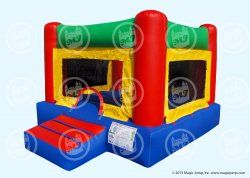 A red , green , and yellow bouncy house on a white background.