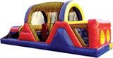 A red , yellow and blue inflatable obstacle course on a white background.