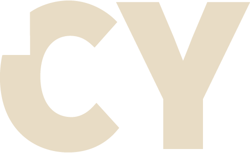 Beige “CY” letters on a white background